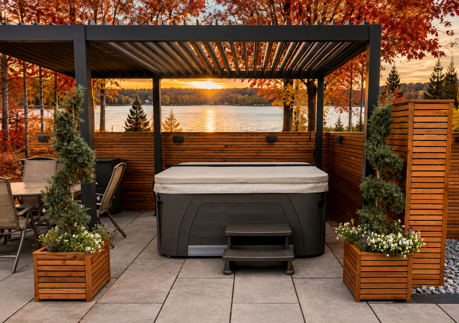Custom Unique shaped hot tub in the fall time overlooking lake