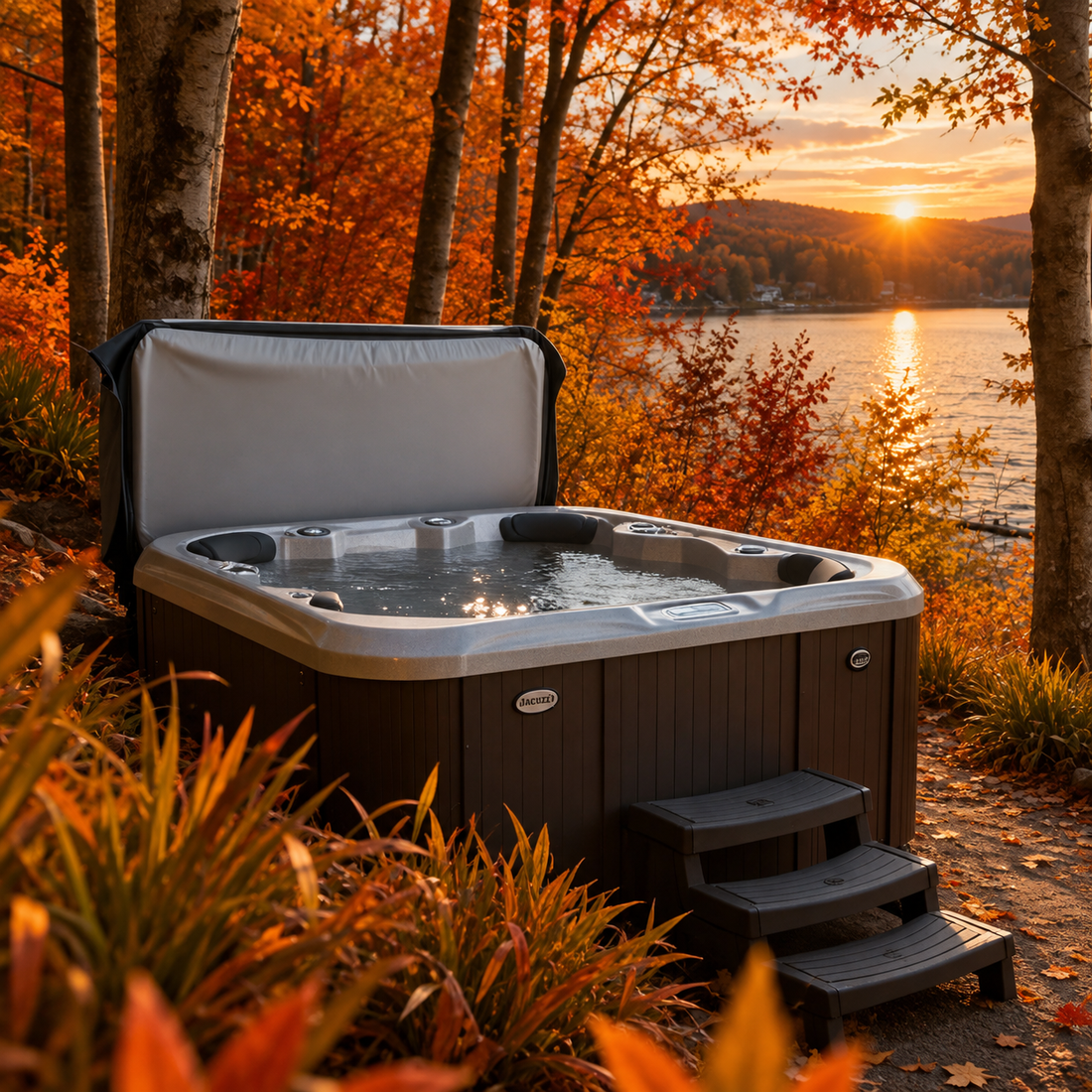 Hot Tub with cover overlooking lake in the fall time