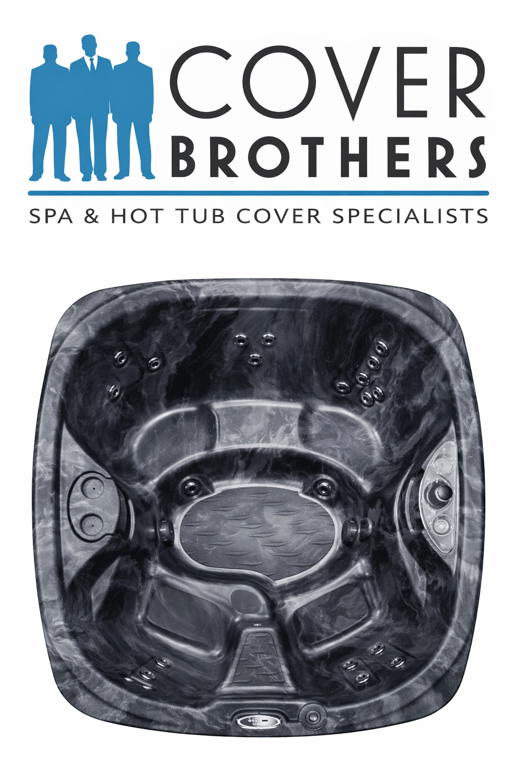 Cover Brothers logo above a top-down image of an 85 x 71 InnovaSpa Storm hot tub in a dark marbled pattern, showing its rounded square shape, molded seating, and multiple jet placements, with the tagline “Spa & Hot Tub Cover Specialists” on a clean light background.