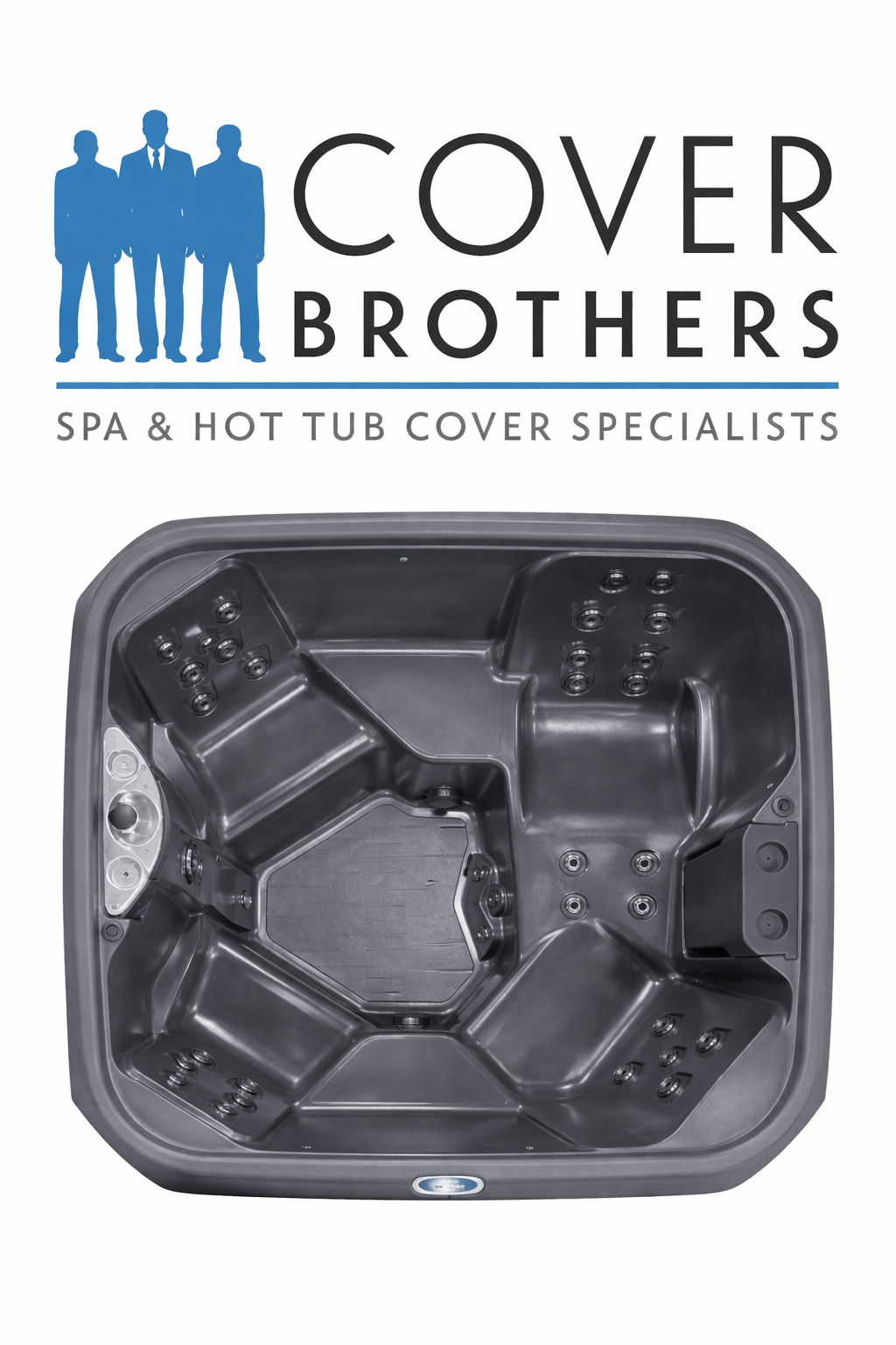 Cover Brothers logo above a top-down image of an 83 x 78 InnovaSpa Storm hot tub in dark gray, featuring a square shape with rounded corners, molded seating, and multiple jet placements on a clean light background.
