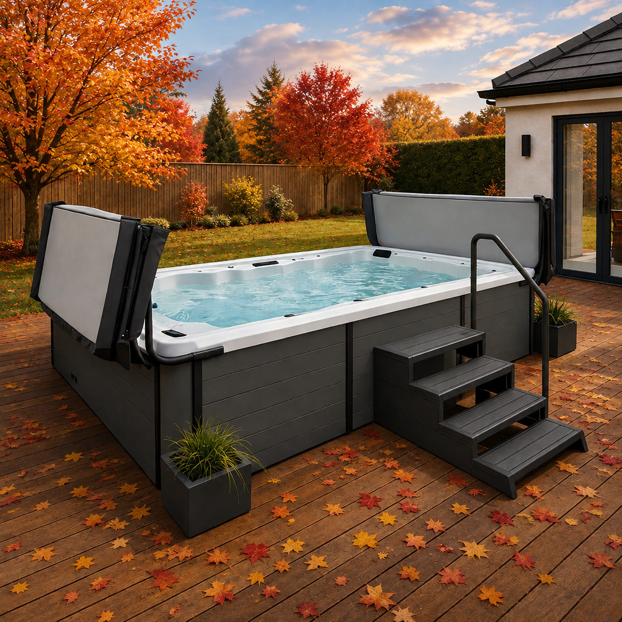 Swim spa bi fold covers in the all time on lifters